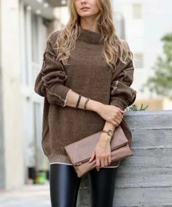 42POPS | Mocha Raw-Seam Mock Neck Oversize Sweater - Women