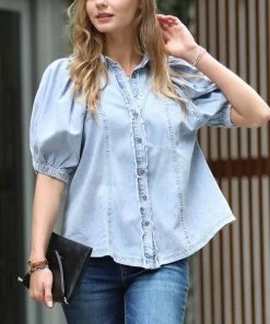 42POPS | Blue Distressed-Front Puff-Sleeve Curved-Hem Button-Up Top - Women