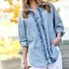 42POPS | Light Blue Ruffle-Front Long-Sleeve Denim Button-Up - Women