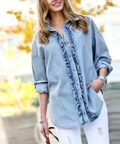 42POPS | Light Blue Ruffle-Front Long-Sleeve Denim Button-Up - Women