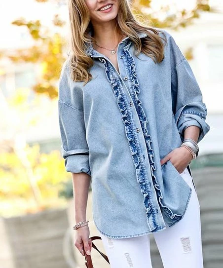 42POPS | Light Blue Ruffle-Front Long-Sleeve Denim Button-Up - Women