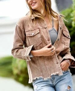 42POPS | Mocha Distressed-Trim Pocket Button-Up Jacket - Women