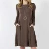42POPS | Brown Boatneck Long-Sleeve Pocket Shift Dress - Women