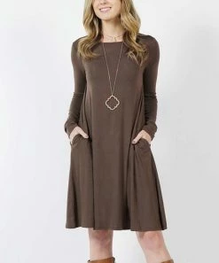 42POPS | Brown Boatneck Long-Sleeve Pocket Shift Dress - Women