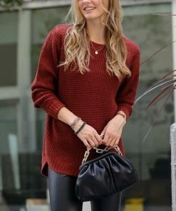 42POPS | Dark Rust Waffle Crewneck Long-Sleeve Hi-Low Sweater - Women