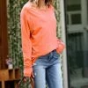 42POPS | Neon Coral Thumbhole Boatneck Long-Sleeve Raglan Top - Women