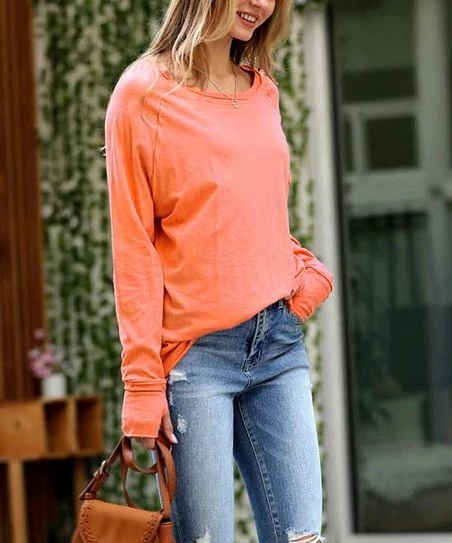 42POPS | Neon Coral Thumbhole Boatneck Long-Sleeve Raglan Top - Women