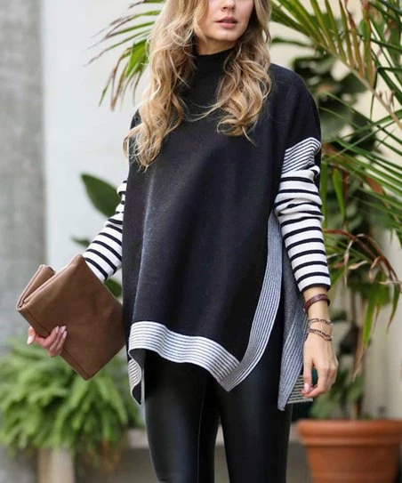 42POPS | Charcoal Stripe-Side Mock Neck Hi-Low Sweater - Women