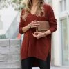 42POPS | Dark Rust Seam-Accent V-Neck Hi-Low Sweater - Women