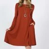 42POPS | Dark Rust Boatneck Long-Sleeve Pocket Shift Dress - Women
