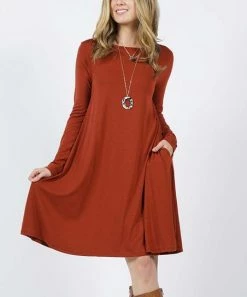 42POPS | Dark Rust Boatneck Long-Sleeve Pocket Shift Dress - Women