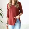 42POPS | Dark Rust V-Neck Long-Sleeve Curved-Hem Top - Women