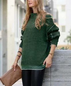 42POPS | Dark Green Raw-Seam Mock Neck Long-Sleeve Oversize Sweater - Women
