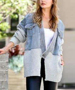 42POPS | Light Blue & Heather Gray Denim Contrast Long-Sleeve Pocket Button-Front Jacket - Women