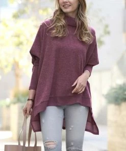 42POPS | Dark Plum Melange Cowl Neck Hi-Low Sweater - Women