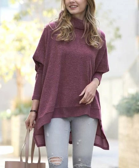 42POPS | Dark Plum Melange Cowl Neck Hi-Low Sweater - Women