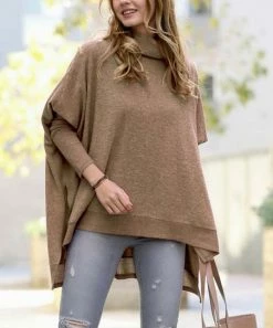 42POPS | Mocha Melange Cowl Neck Hi-Low Sweater - Women