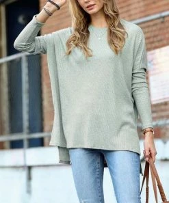 42POPS | Dusty Green Ribbed Crewneck Long-Sleve Sweater - Women