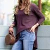 42POPS | Eggplant Waffle V-Neck Hi-Low Sweater - Women