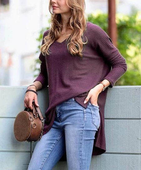 42POPS | Eggplant Waffle V-Neck Hi-Low Sweater - Women