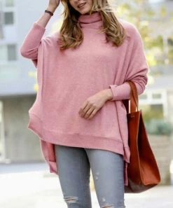 42POPS | Light Rose Melange Cowl Neck Long-Sleeve Hi-Low Sweater - Women