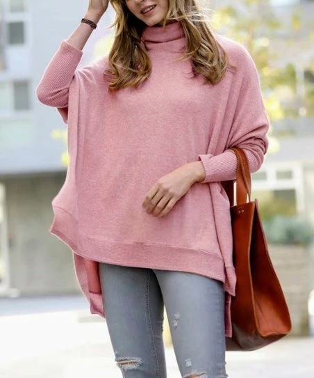 42POPS | Light Rose Melange Cowl Neck Long-Sleeve Hi-Low Sweater - Women