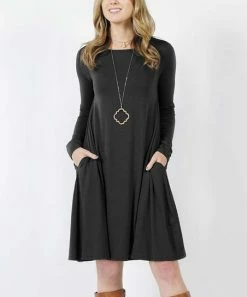 42POPS | Black Boatneck Long-Sleeve Pocket Shift Dress - Women