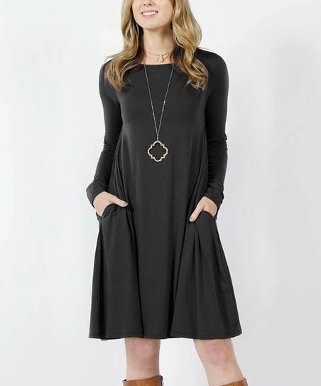 42POPS | Black Boatneck Long-Sleeve Pocket Shift Dress - Women