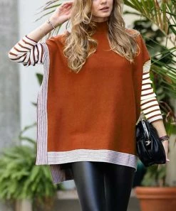 42POPS | Butter Orange Stripe-Side Mock Neck Hi-Low Sweater - Women