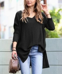 42POPS | Black Waffle V-Neck Hi-Low Sweater - Women