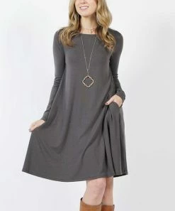 42POPS | Ash Gray Boatneck Long-Sleeve Pocket Shift Dress - Women