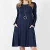 42POPS | Midnight Navy Boatneck Long-Sleeve Pocket Shift Dress - Women