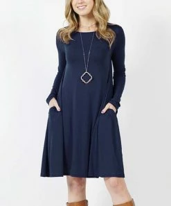 42POPS | Midnight Navy Boatneck Long-Sleeve Pocket Shift Dress - Women