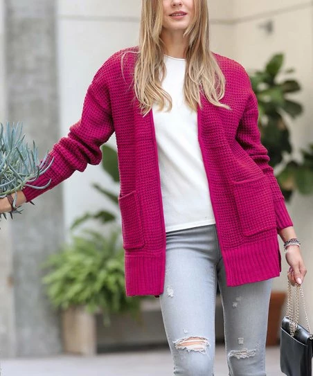 42POPS | Magenta Waffle Side-Slit Pocket Open Cardigan - Women