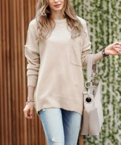42POPS | Heather Mocha Melange Crewneck Hi-Low Pocket Sweater - Women