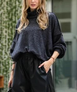 42POPS | Black Melange Drop-Shoulder Mock Neck Crop Sweater - Women