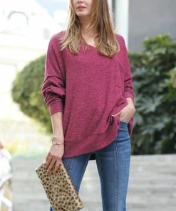 42POPS | Magenta Melange V-Neck Hi-Low Pocket Sweater - Women