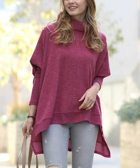 42POPS | Dark Burgundy Melange Cowl Neck Long-Sleeve Hi-Low Poncho - Women