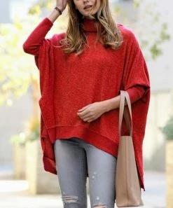 42POPS | Dark Red Melange Cowl Neck Long-Sleeve Hi-Low Poncho - Women
