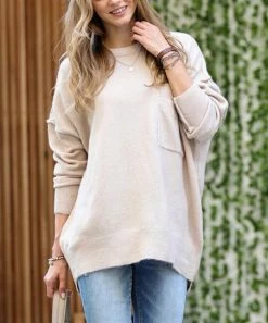 42POPS | Heather Beige Melange Crewneck Hi-Low Pocket Sweater - Women