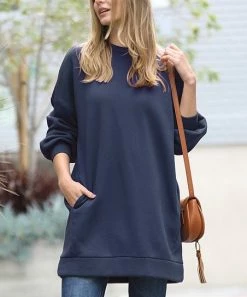 42POPS | Navy Over-Sized Crewneck Pocket Sweatshirt - Women