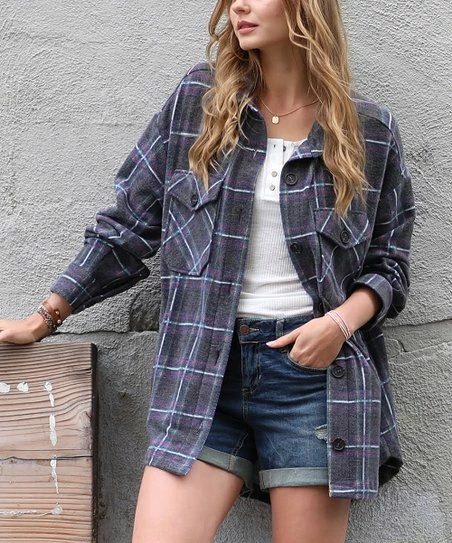 42POPS | Charcoal Plaid Pocket Oversize Shacket - Women