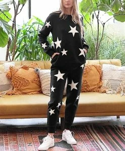 42POPS | Black & Ivory Star Crewneck Sweatshirt & Pocket Joggers - Women