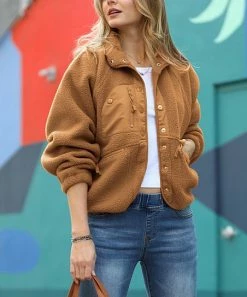 42POPS | Dark Camel Fleece Snap Pocket Jacket - Women