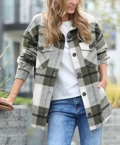 42POPS | Olive Plaid Jacquard Pocket Oversize Shacket - Women