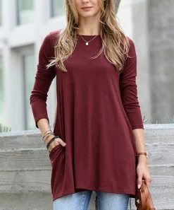 42POPS | Dark Burgundy Boatneck Long-Sleeve Pocket Tunic - Women