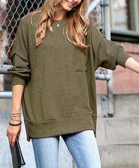 42POPS | Dark Olive Brushed Melange Over-Sized Drop-Shoulder Sweatshirt - Women