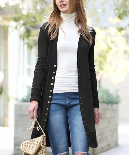 42POPS | Black V-Neck Snap-Up Longline Cardigan - Women