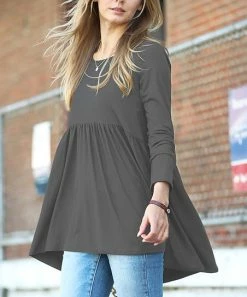 42POPS | Ash Gray Round-Neck Long-Sleeve Shirred-Waist Top - Women