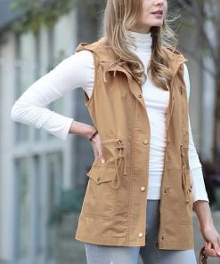 42POPS | Deep Camel Drawstring-Waist Pocket Zip-Up Hooded Vest - Women